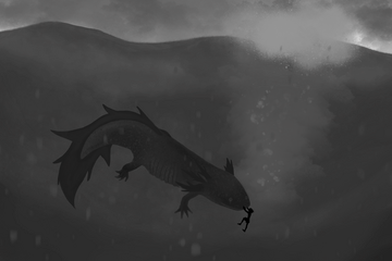 Artie underwater being comforted by the giant, mutated axolotl beast who rules over the lake.